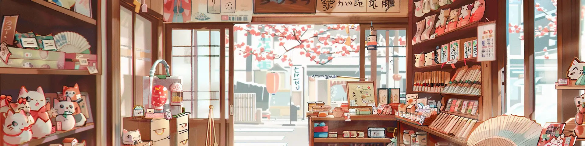 Boutique de souvenirs japonais traditionnelle avec maneki neko, éventails et objets artisanaux