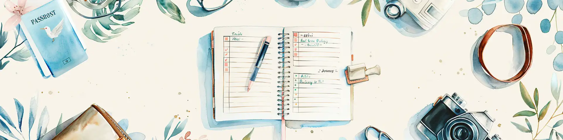 Bannière aquarelle avec carnet de check-list de voyage, passeport et accessoires de départ