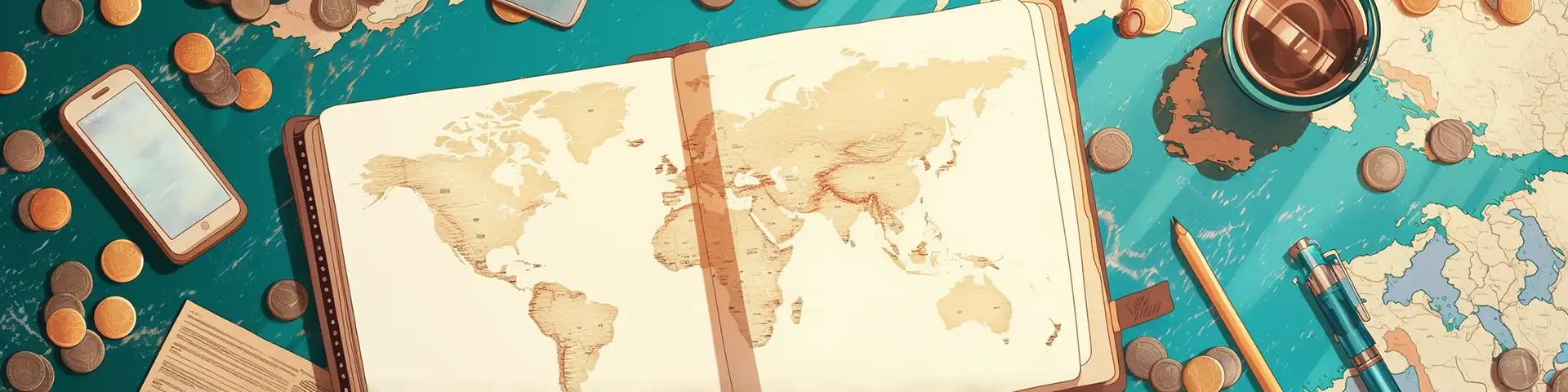 Bannière aquarelle avec carnet de check-list de voyage, passeport et accessoires de départ