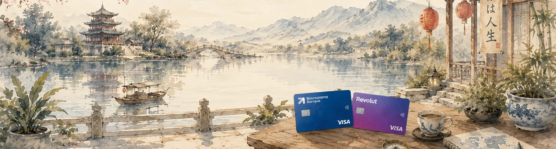 banniere-carte-bancaire Bannière aquarelle avec carnet de check-list de voyage, passeport et accessoires de départ